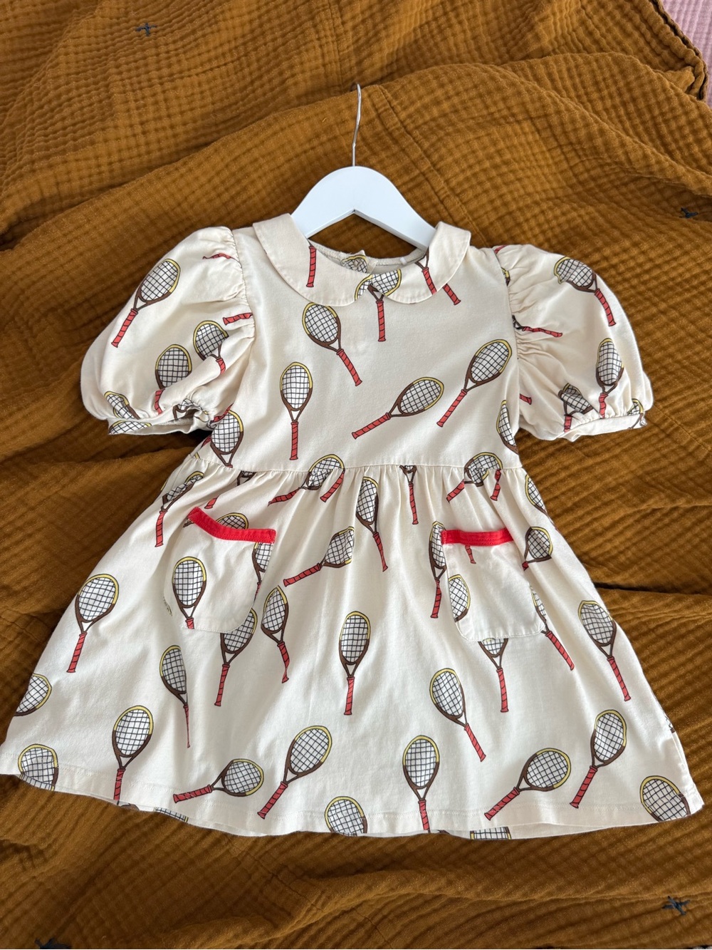 Mini Rodini Cream Dress with Red Trim and Tennis Racket Print